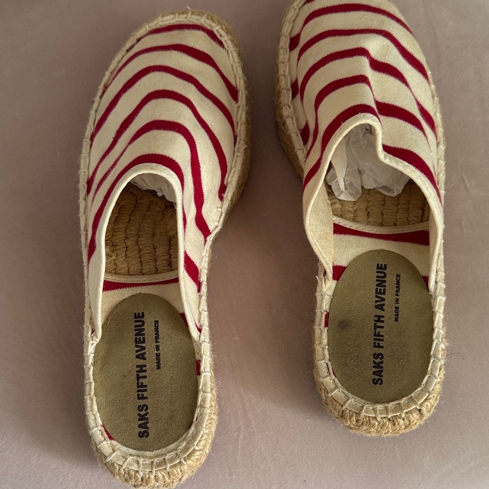 Saks Fifth Avenue Red and Cream Striped Espadrilles size 8.